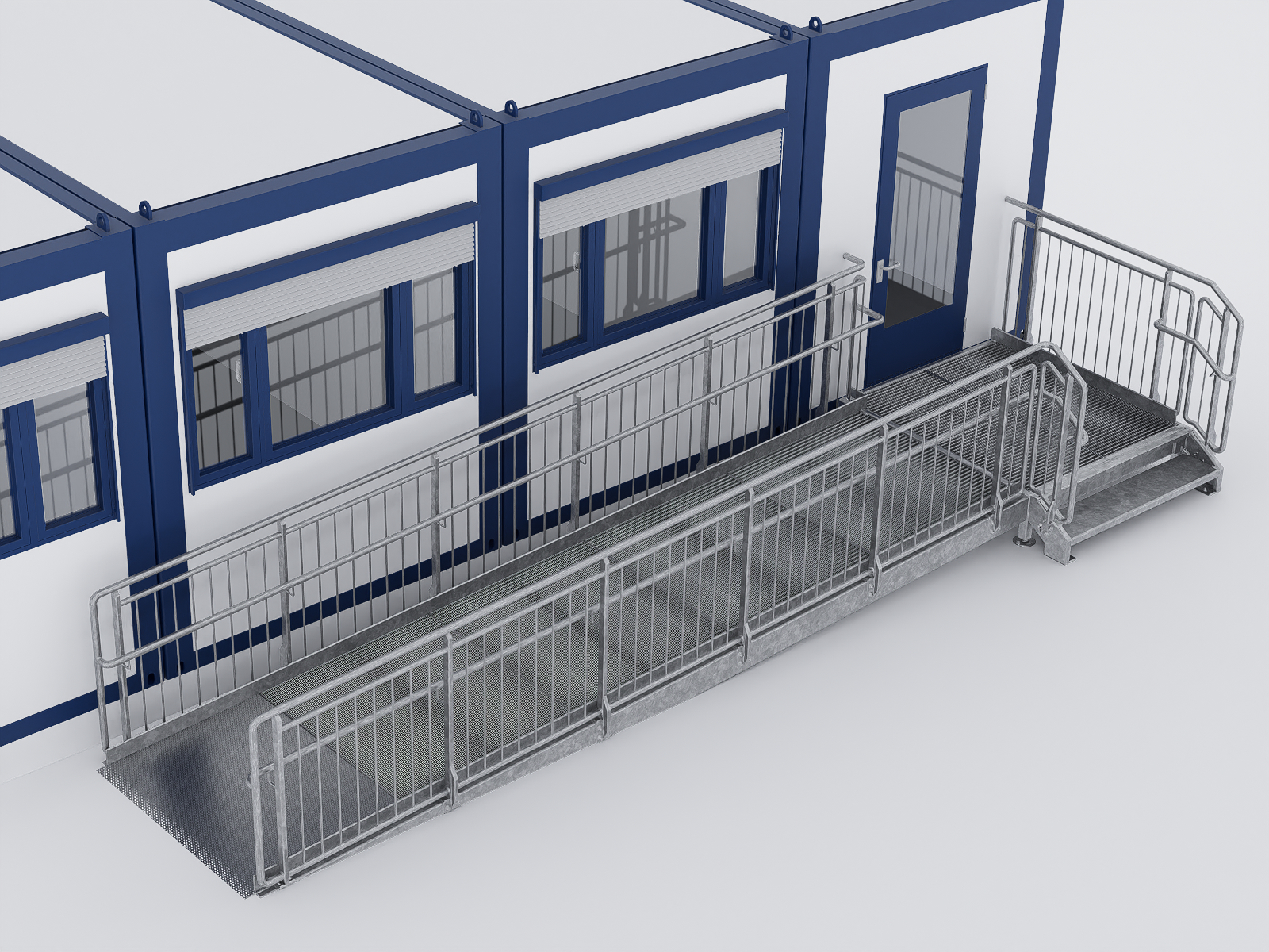Rampen für Containeranlagen – modulare, barrierefreie Stahlrampen für öffentliche, gewerbliche und industrielle Container: Schulen, Kindertagesstätten, Verwaltung, Büro-, Wohn- und Baustellencontainer