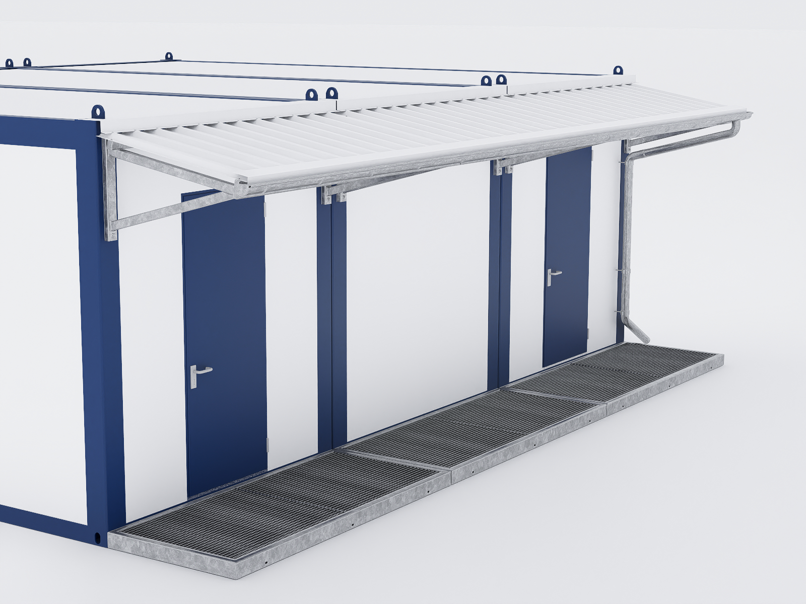Vordach und Dach für Container – modulare Stahl-Überdachungen für Eingänge, Podeste, Laufgänge und Containeranlagen